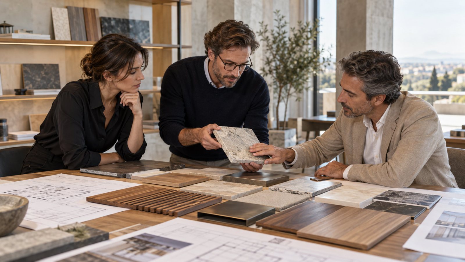 Architects and a supplier comparing material samples over architectural plans in a sunlit studio.